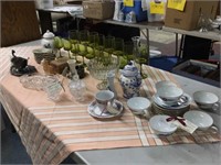 Box Lot:  Green Glass Goblets,  Cups, Saucers, Etc