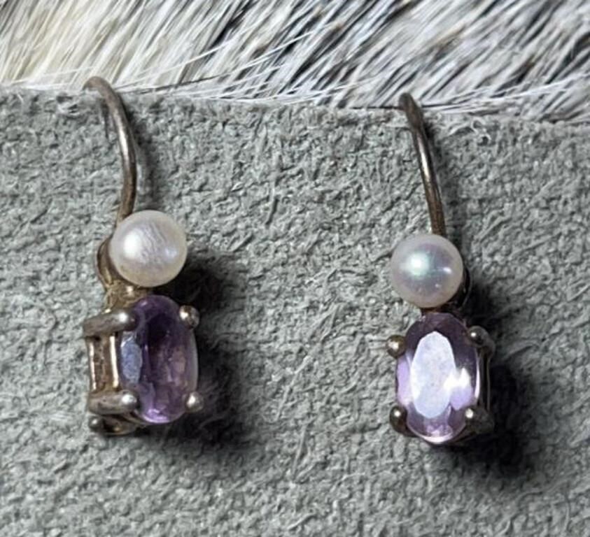 Sterling Silver, Pearl & Amethyst Earrings