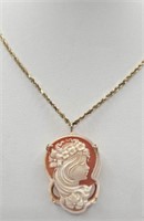 14K Gold Cameo Pendant on Long 14K Gold Chain