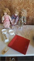 MISC GLASSWARE AND 3 DOLLS