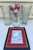 Lot of Glass Vases & Swan Picture