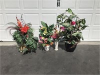 4 VARIOUS VASES W/ FAUX FLORAL ARRANGEMENTS