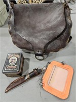 LEATHER POUCH, KNIFE AND PLAYING CARDS