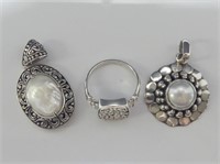 STERLING RING, 2 MOP AND PEARL PENDANTS