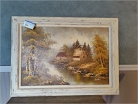 Canvas painted Country cabin scene on lake.