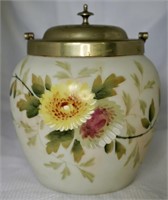 Antique Hand Painted Biscuit Jar Brass Top