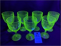 7 Green Uranium Depression Era Footed Wine Glasses