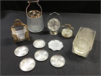 Glass, aluminum Coasters, ashtrays, ice bucket