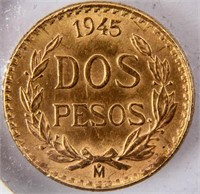 Coin 1945 Mexico 2 Peso Gold Coin