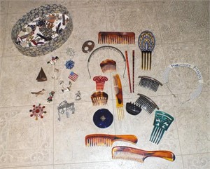 TIN OF HAIR PICKS, COMBS, AND MORE