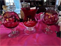 3 RED GLASS VASES