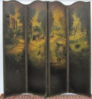 Vintage Hand-Painted Leather 4-Panel Screen