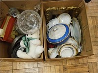 Two boxes of china, glass, Rival cookware and more