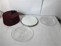 LOT VINTAGE GLASS DISHES, SHRINERS HAT, MIRROR ETC
