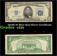 1934D $5 Blue Seal Silver Certificate Grades vf+