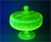 Uranium Vaseline Glass Footed Candy Dish Etched