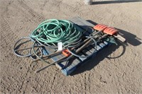 ASSORTED YARD TOOLS WITH HOSES AND SPRINKLER