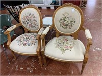 Pair of Wood Carved Needlepoint Arm Chairs