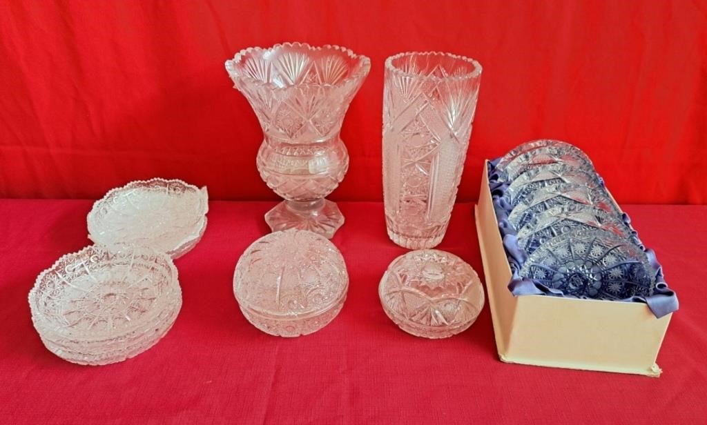 Elegant Cut glass fruit bowls, covered dishes,