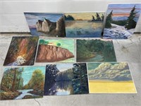 9 unframed unsigned paintings, 14 x 18 "