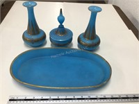 Blue frosted glass dish and dispensers