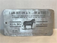 1910s Metal Novelty Luggage Tag Kick My Ass 
&