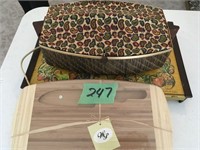 retro warming tray, bun tray, wood cutting board