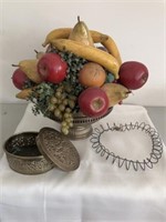 Brass Flower container w/plastic fruit