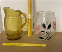 Amber Glass Pitcher & Hand Painted Vase