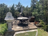 Outdoor Dining Table, Fountain, & Pots