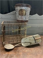 METAL BASKET   BUCKET   SCOOP   AND SPOON