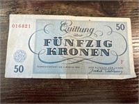 1943 Quittung Über Fünfzig Kronen 50