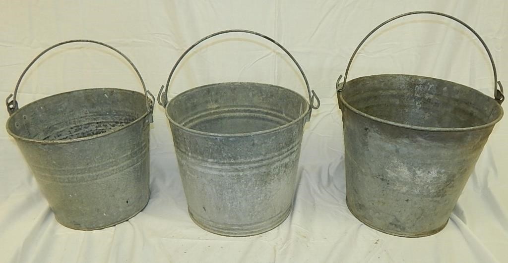 3 Rustic Galvanized Buckets Pails With Handles