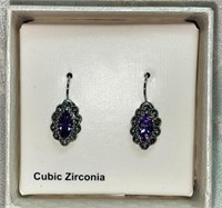 Pair Purple Cubic Zirconia Silver Earrings in