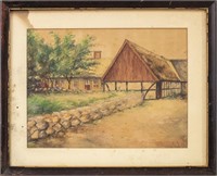Illegibly Signed Country Home Watercolor