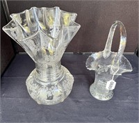 Etched glass basket and vase.