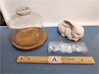 Wooden Serving Tray with Glass Dome & Bunny
