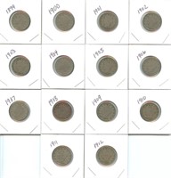 14 Different Liberty "V" Nickels - 1899 to 1912