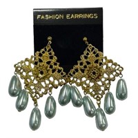 Filigree Style Aqua Blue Pearl Drop Earrings