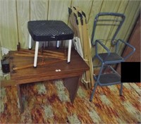 Handmade wood bench, (2) Cosco household steps,