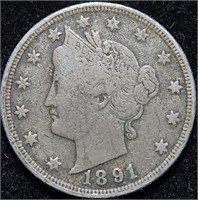 1891 Liberty Head V Nickel - VG+