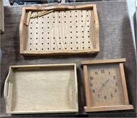 Wooden tray, wooden clock, wooden peg tray