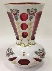 Hand Painted White & Cranberry Glass Vase