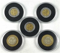 (5) Mexico Bi-metal 5-10 Peso Coins in Capsules