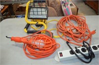 BOX LOT -- ELECTRICAL CORDS, STRIP OUTLET, LIGHTS
