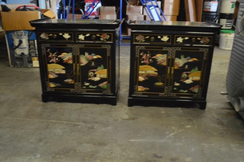 Pair Oriental Black Lacquer End Tables/ Nightstand