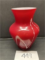 Red Glass Vase with white drizzle decor