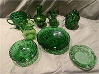 2 Emerald Green Handled Pitchers, Sugar &