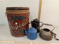 Popcorn tin & enamelware kettle tea pots