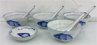 9pc blue white koi Chinese rose bowls and spoons